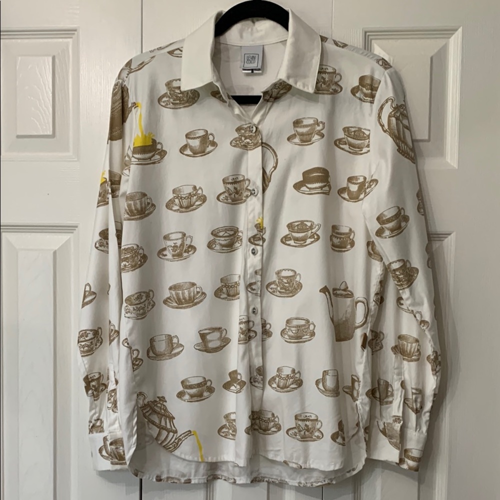 LevinCoco (Etsy) Cream/Tan Cup Saucer Teapot Graphic Button Down Shirt Size M